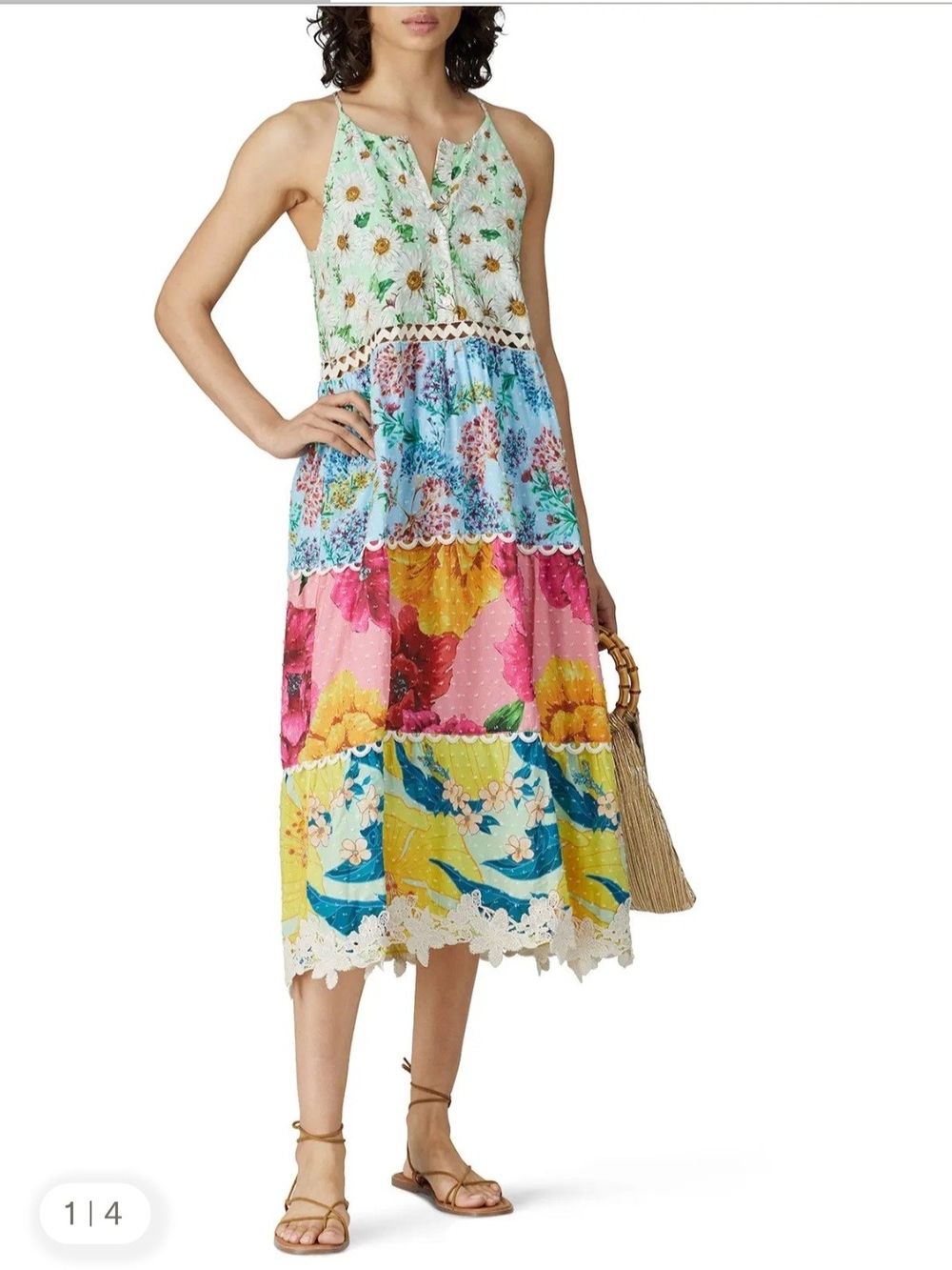 FARM Rio Floral Patchwork Tiered Midi Dress - Multi, Sz Small